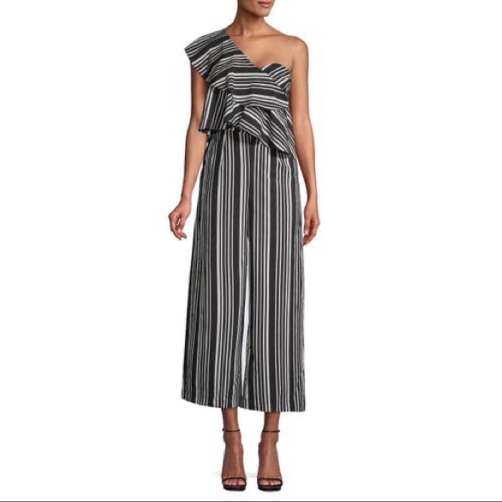 HAUTE ROGUE Black/White Stripe Ruffle Jumpsuit XS